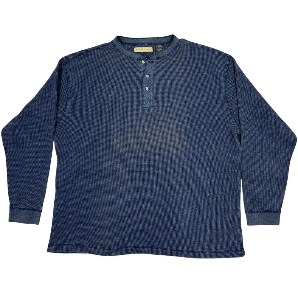 Naturalife Henley Shirt XL Blue Waffle Knit Long L/S Vintage Thermal 90s READ!